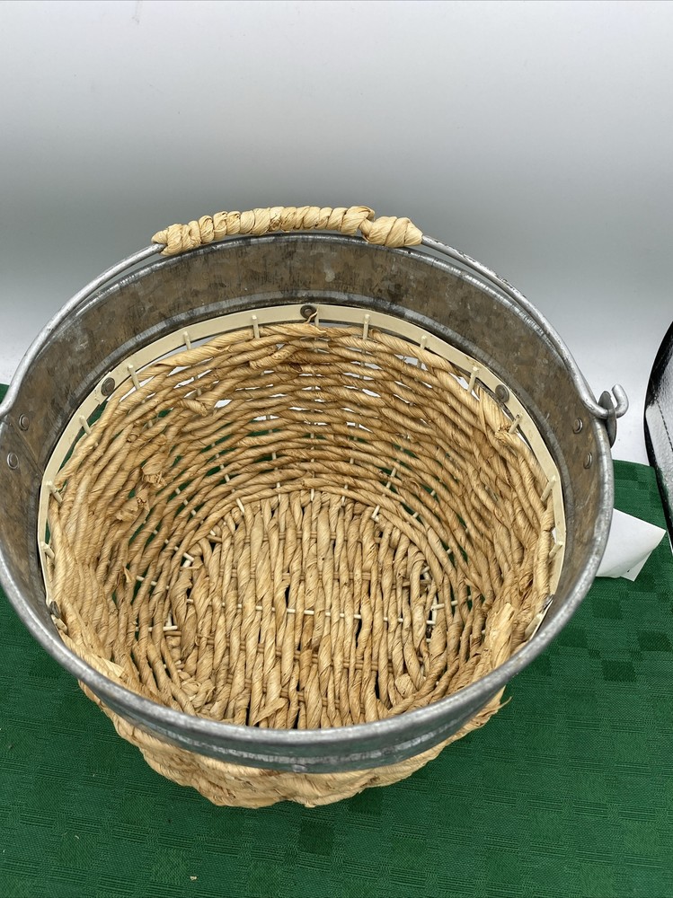 9” Wicker And Tin Hanging Pail Planter