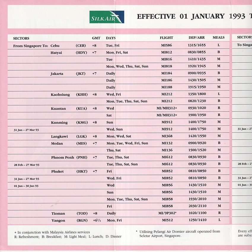 SilkAir timetable 1993/01/01