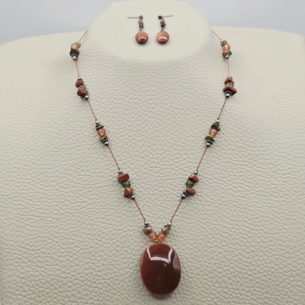 Goldstone Statement Pendant Necklace Earring Set Sparkle Beaded Boho