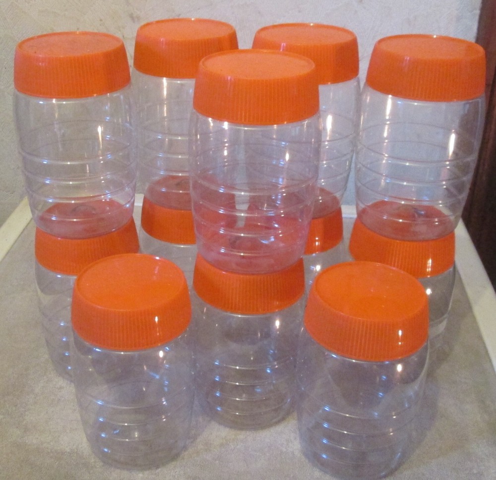 12 empty transparent CLEAR plastic pots / containers orange lids, storage crafts