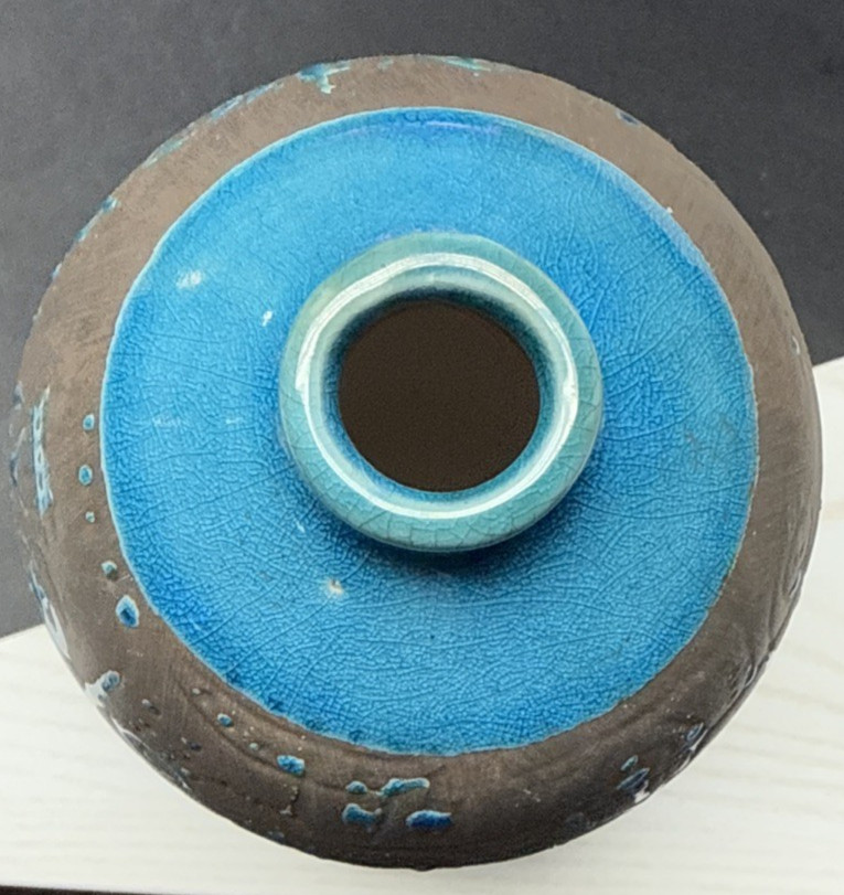 Contemporary Ashluxe Handmade Ceramic Table Vase Script Blue Brown Crackle As Is