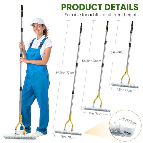 Thatch Rake, 15-Inch Steel Lawn Dethatcher with Handle, Heavy Duty Grass