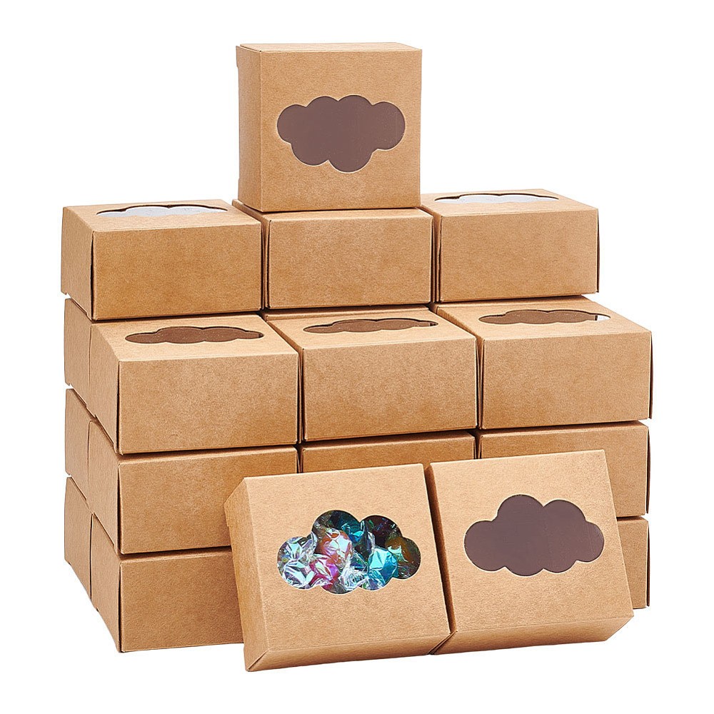 24pcs Kraft Paper Gift box Folding box with Window Rectangle Tan Cloud Pattern