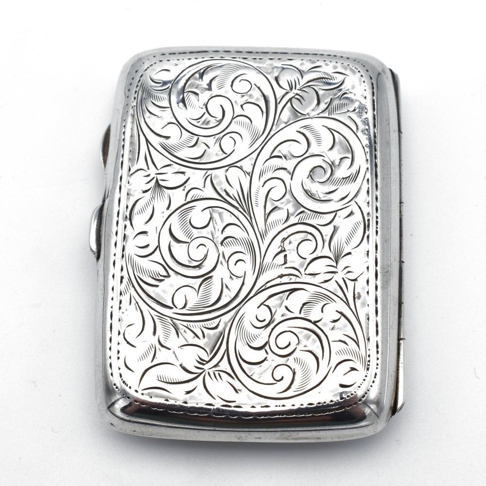 Antique Solid Silver Cigarette Case Pattern Engraved 1918 Curved Acanthus