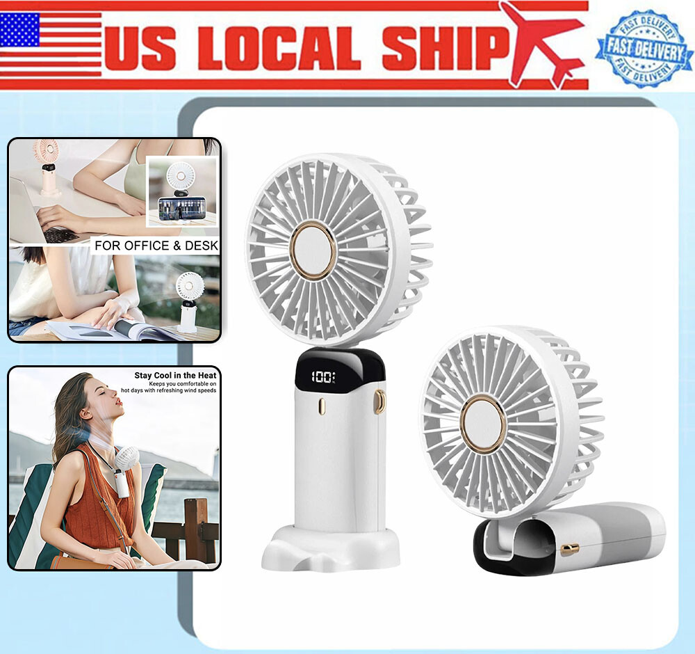 White Mini Handheld Fan USB Rechargeable Digital Display,5 Wind Modes,Foldable