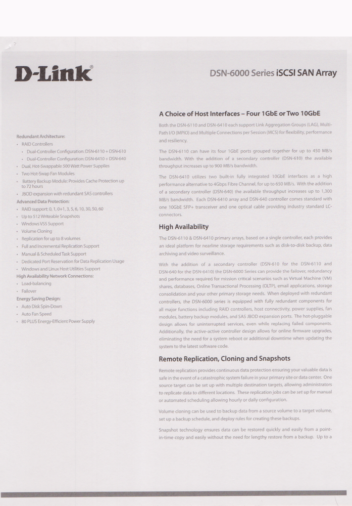 D-Link DSN 6110 HA-Capable 4x1 GbE or 2x10 GbE iSCS SAN Array