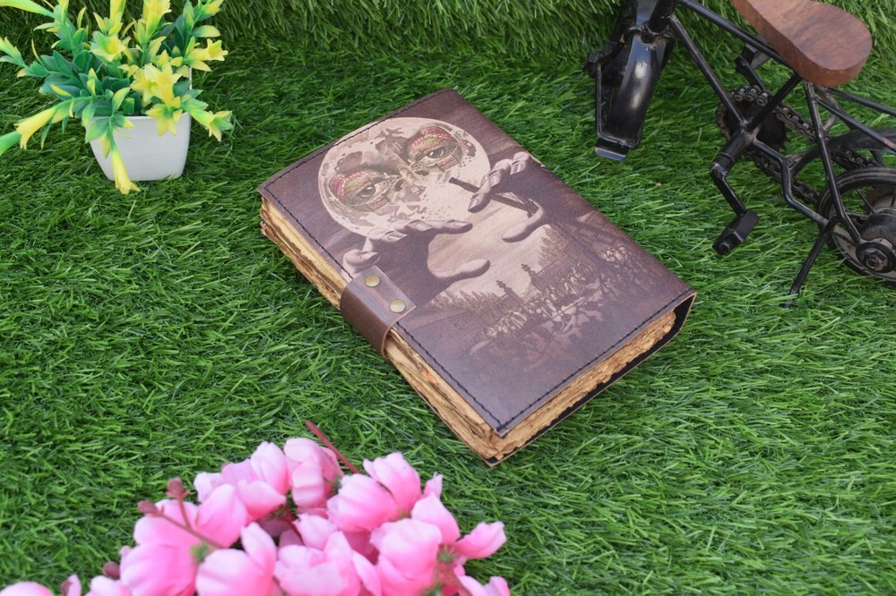 Wicca Moon Magic Witchcraft printed leather journal Deckle edge notebook 7x5"