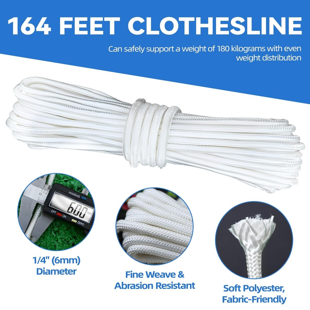 Clothesline Kit Outdoors, Clothes Line Pulley Kit, 164ft Polyester Clothes Li...