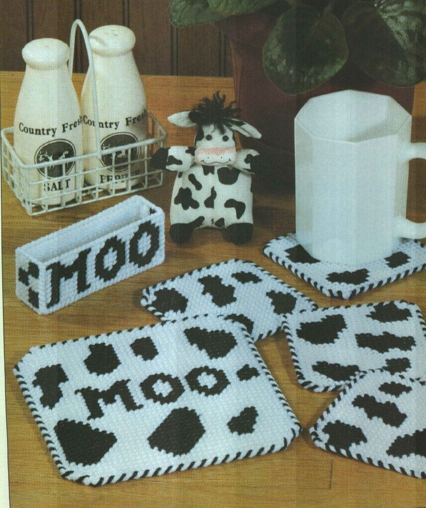 MOO COASTERS & TRIVET HOME DECOR PLASTIC CANVAS PATTERN INSTRUCTIONS