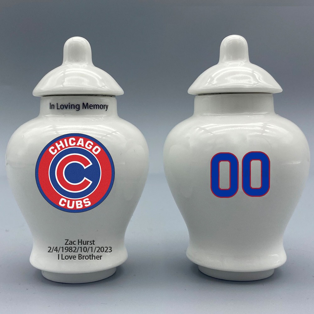 Ceramic Baseball Urn – Chicago Cubs Theme, Custom Text & Number