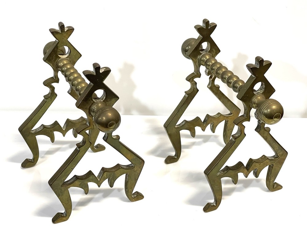 Antique Solid Brass Pair Of Fireplace Fire Dogs