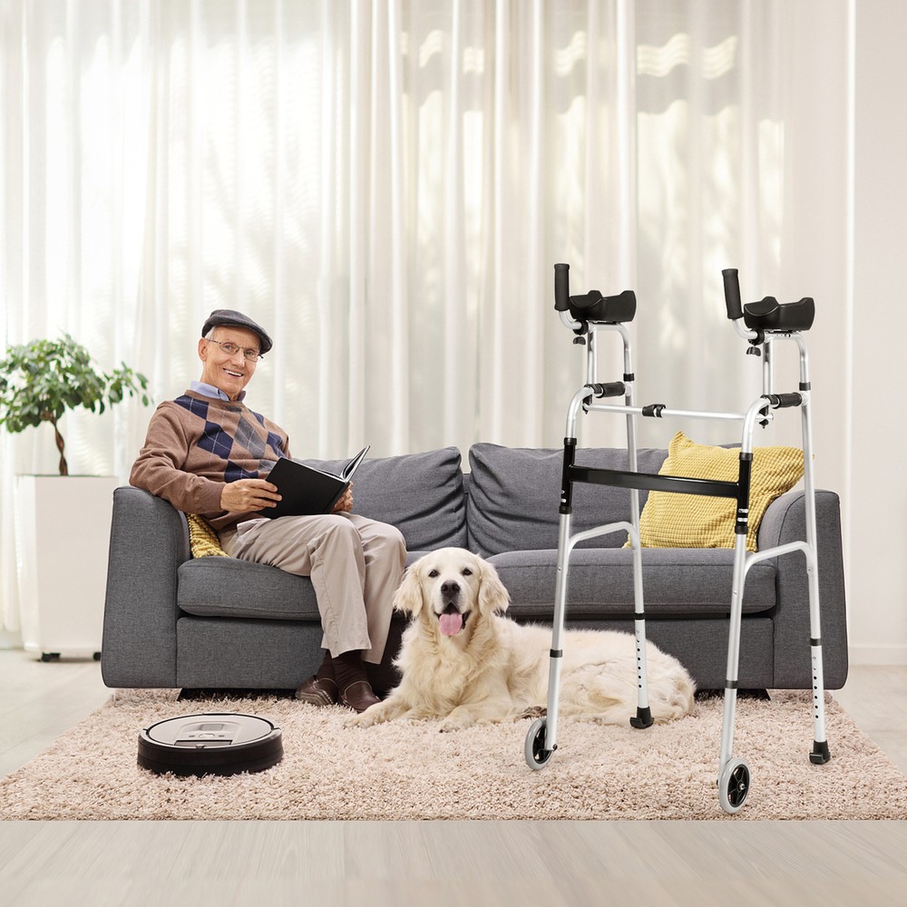 Folding Walker Adjustable Walking Frame Aluminum Walking Aid w/ Wheels Silver