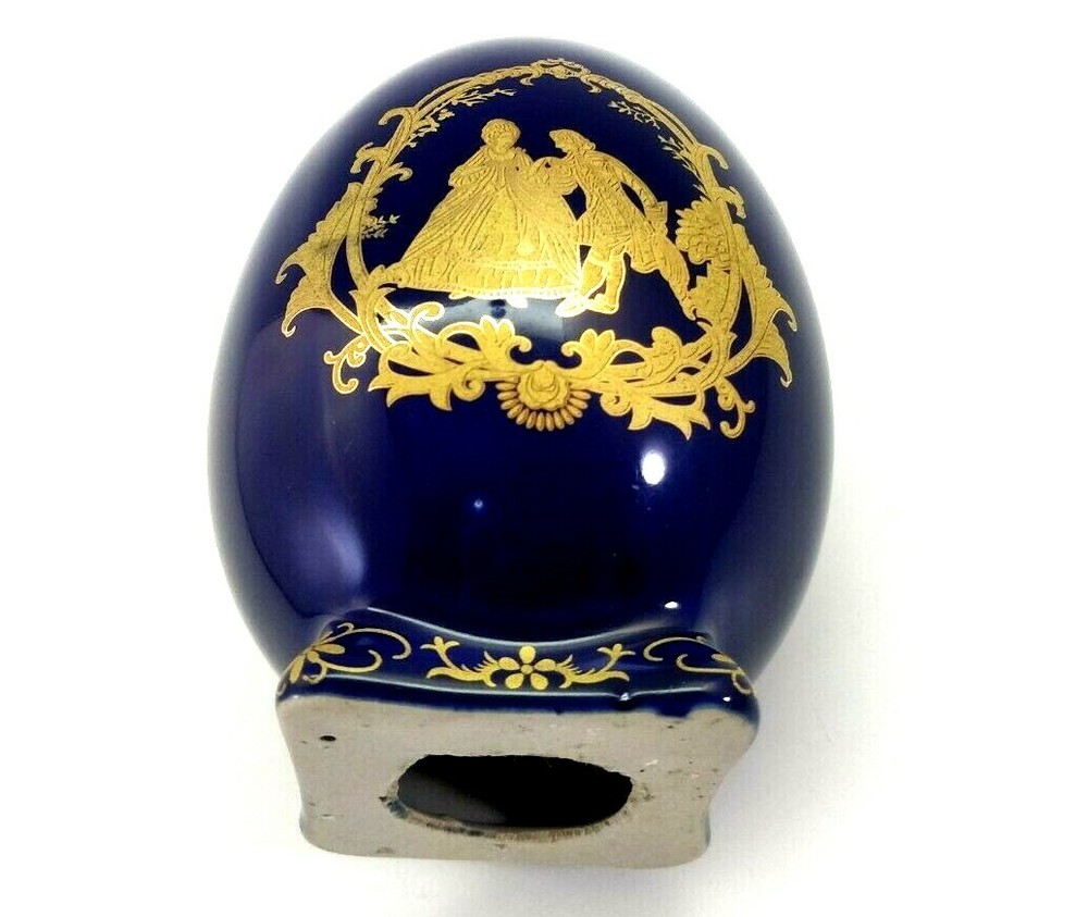 Vintage Footed Ceramic Egg Gold Painted Victorian Scene