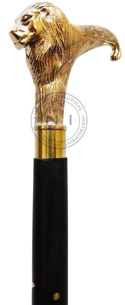 Vintage Lion head Brass Handle Wood Walking Stick Cane LOOking Style Solid Gift