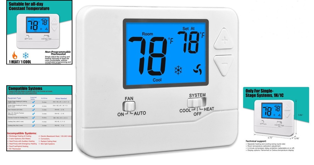 Compact Non-Programmable Thermostat for Home: Reliable Heating & Cooling Control