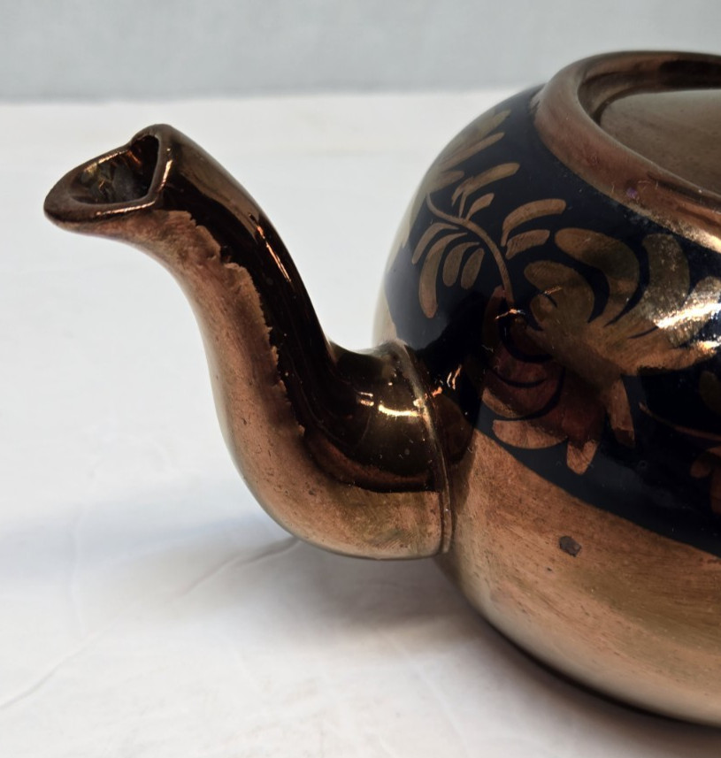 Copper Luster Teapot Blue Swirl Design Red Ware