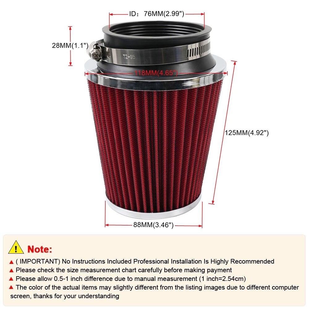 3" 76mm High Flow Inlet Dry Air Filter Cold Air Intake Cone Replacement