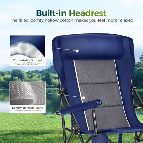 Oversized Folding Camping Chairs High Backrest Heavy Duty Lawn Navy Blue