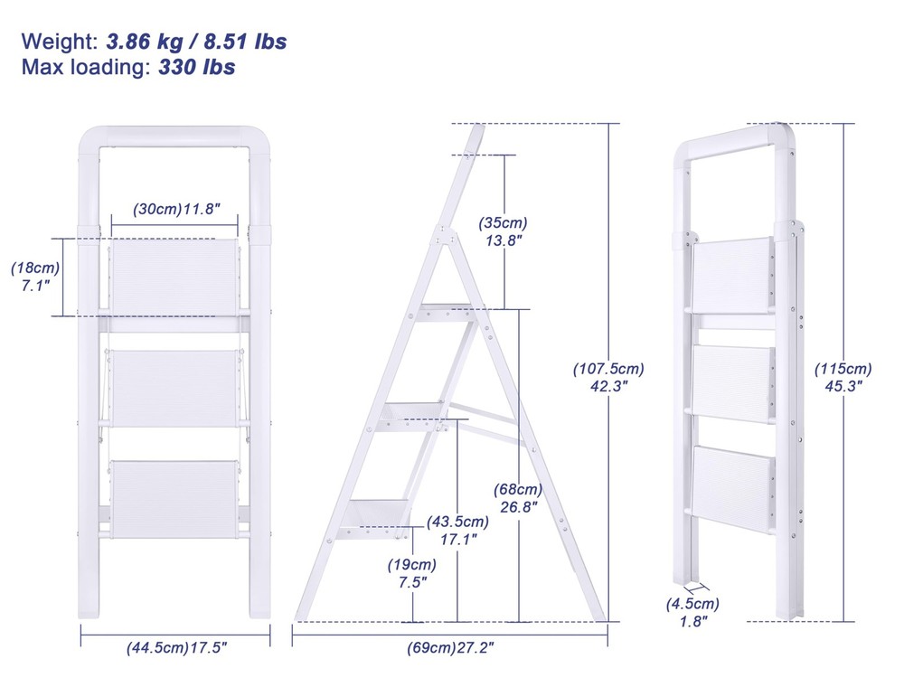 Step Ladder Folding 3Step White Finish Aluminum Foldable Step Ladders,AntiSli...