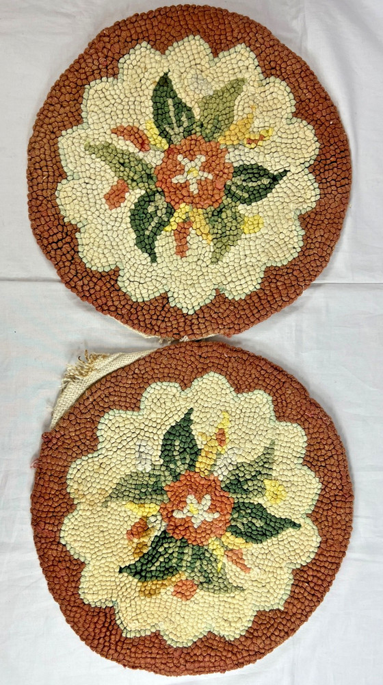 Vintage Pair Hand Hooked Stool Pad Covers 14"