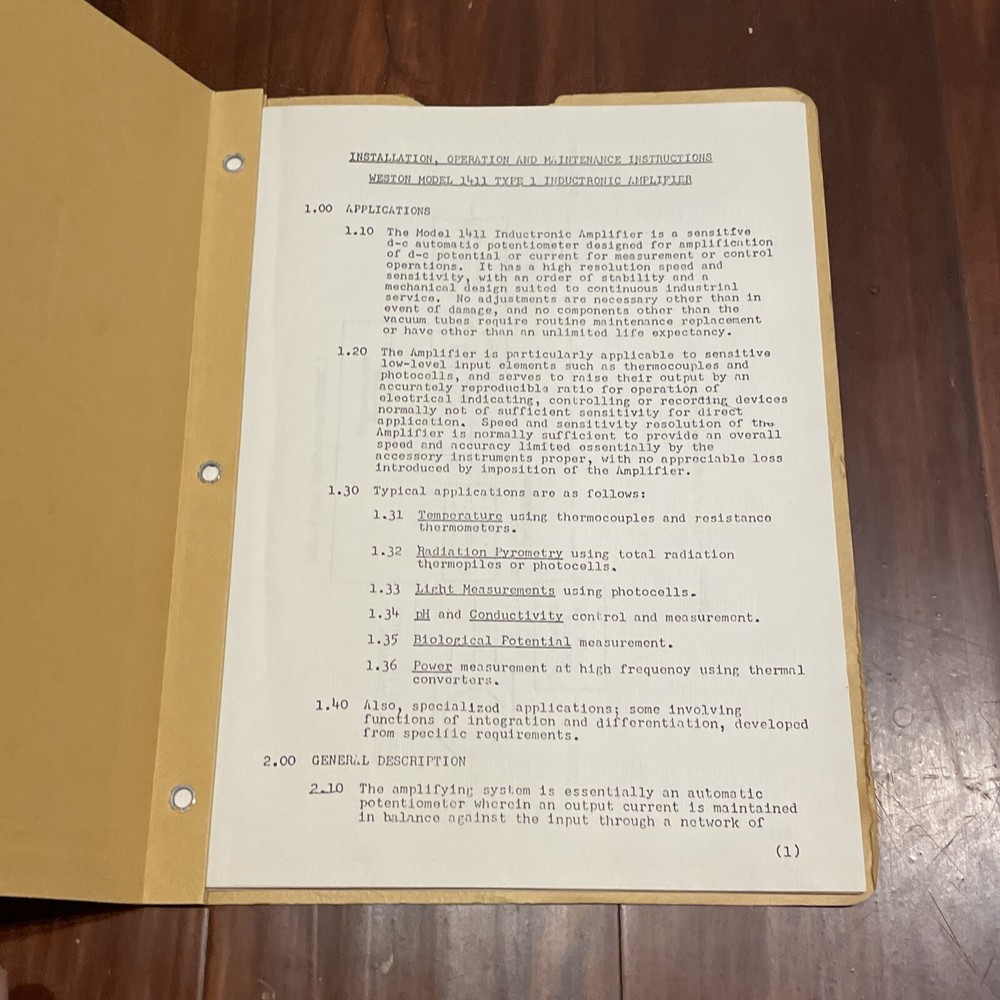 Weston 1411 Type 1 Inductronic Amplifier Installation Operation Instructions