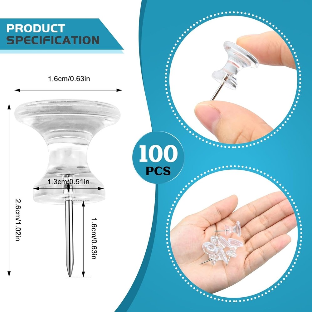 100 Pack Large Push Pins Clear Thumb Tacks 1 Inch Giant