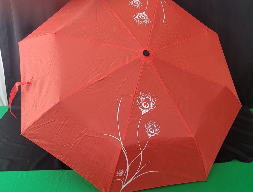 Red With White Peacock Feather Umbrella With Easy Release Handle
