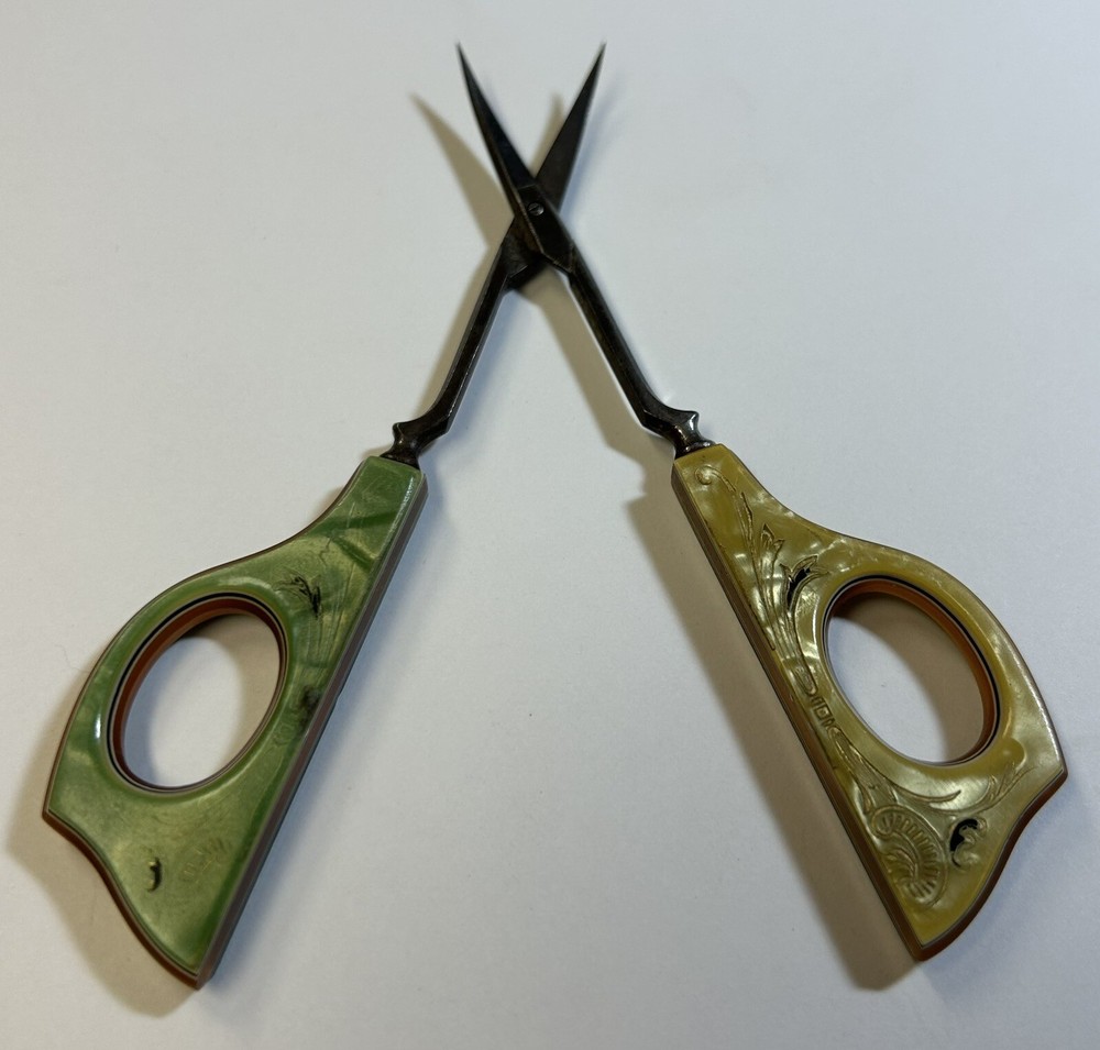 Green & Yellow Celluloid Handle Sewing Scissors, 5” Vintage