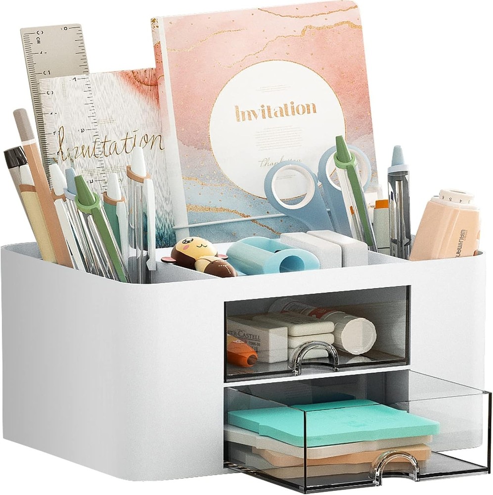 Multi-Functional White Plastic Pen Holder with Drawers for Tidy Workspaces