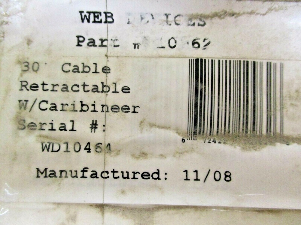 WEB DEVICES FALL ARREST SYSTEMS, 30' CABLE RETRACTABLE WITH CARIBINEER