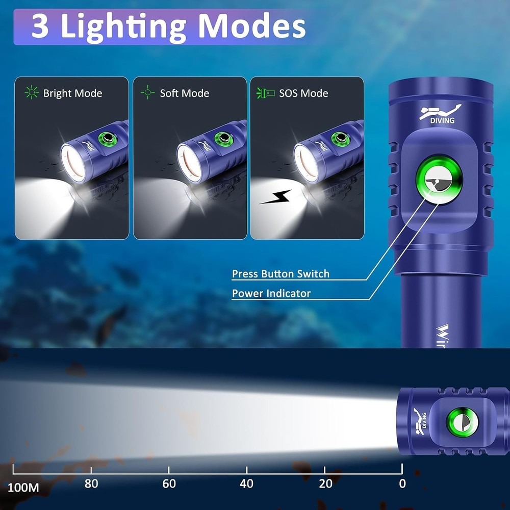 TS08 Scuba Diving Flashlight, Super Bright Dive Light Rechargeable, 3 Modes