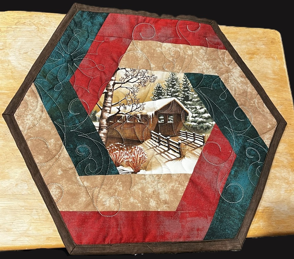 January Winter Covered Bridge Quilted Table Topper