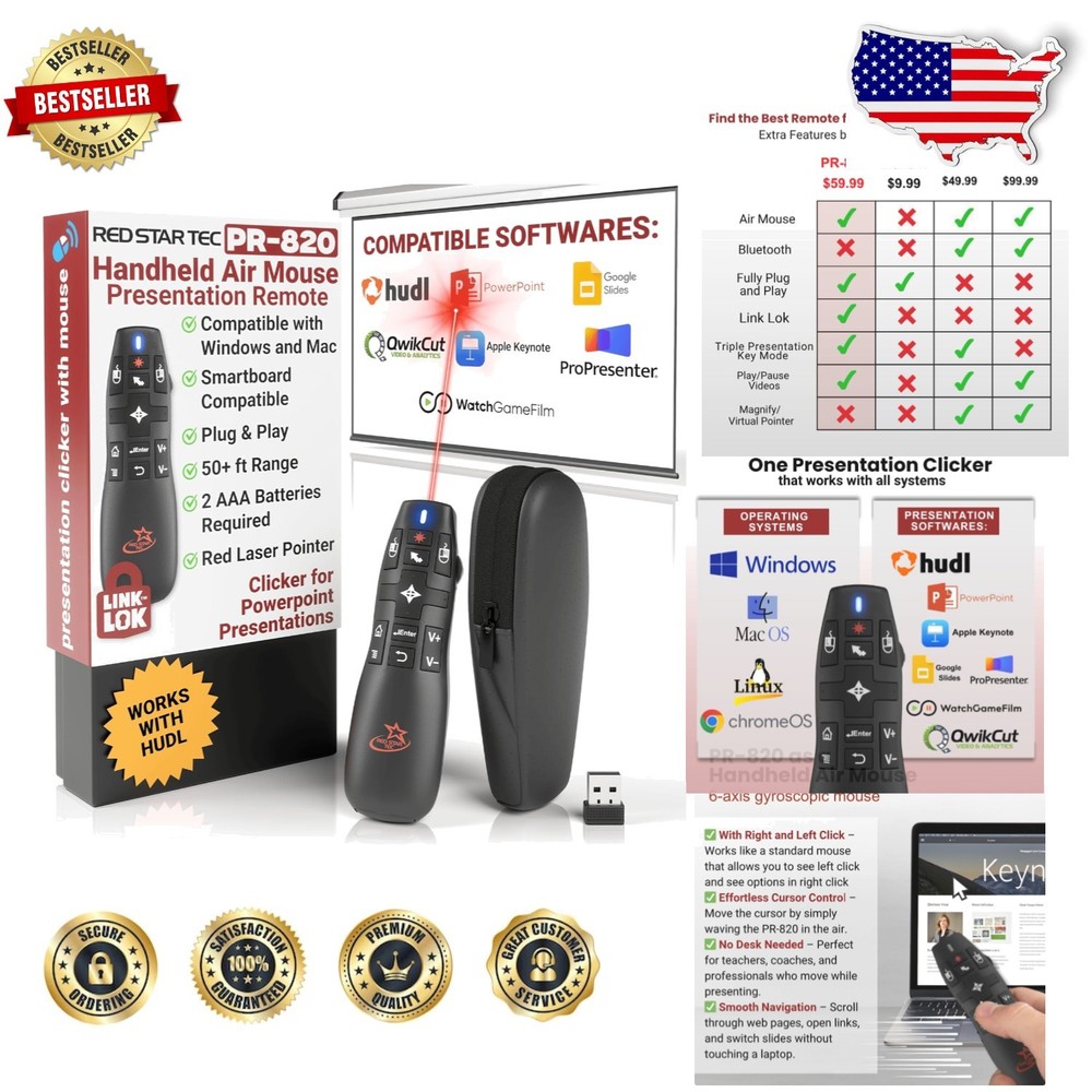 Wireless Presentation Clicker Air Mouse Laser Pointer 50ft RF Mac/PC