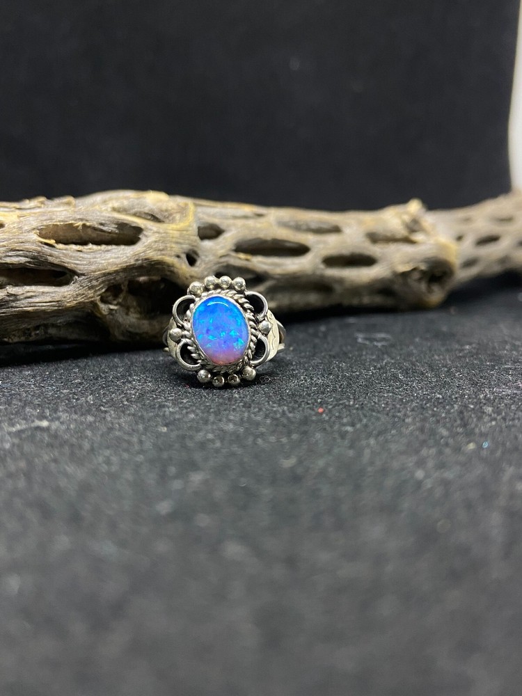 Handmade Native American Navajo blue fire opal sterling silver ring size 5