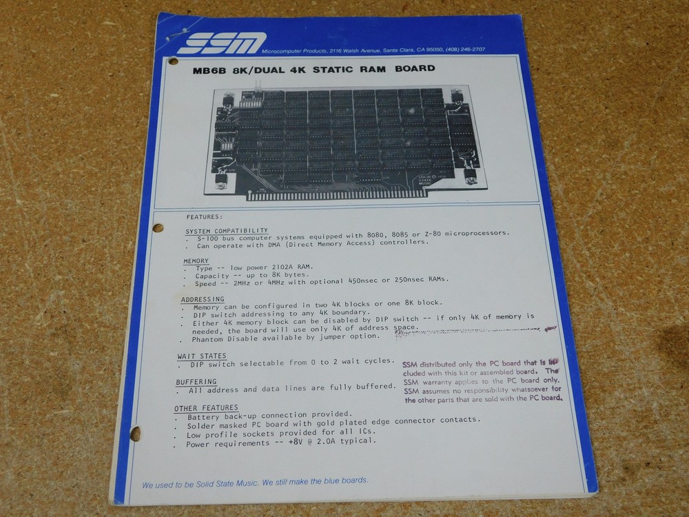 SSM MB6B 8K/Dual 4K Static Ram Board Assembly Instructions (original)