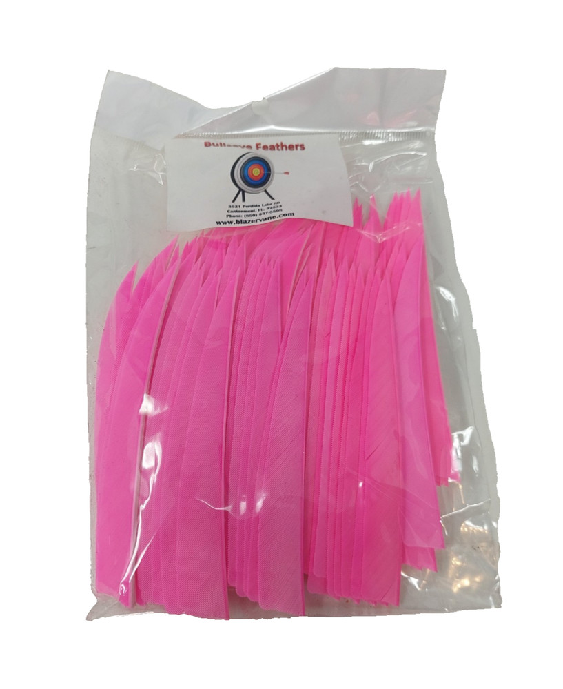 100pk Bullseye Archery Feathers 5" Right Wing: Shield Solid Fluorescent Flo Pink