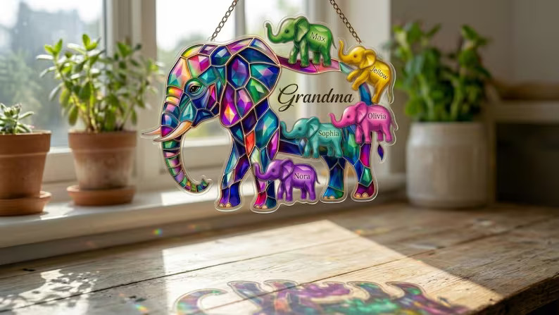 Personalized Elephant Family Acrylic Suncatcher