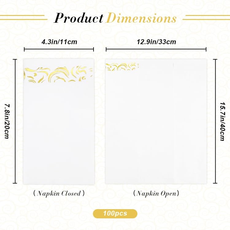 100Pack Disposable Paper Napkins, Dinner 100 Pack, Gold Decorative Design