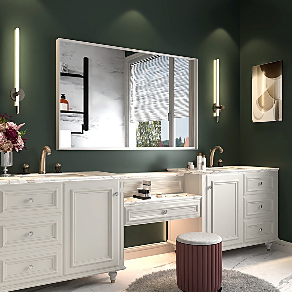 40x30 Inch Glossy White Rectangular Wall-Mounted Bathroom Mirror with Beveled