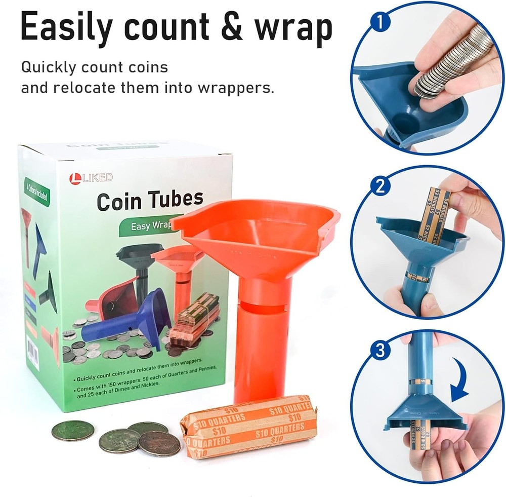 Ultimate Coin Sorting Solution: 150 Flat Stripe Wrappers & 4 Color-Coded Tubes