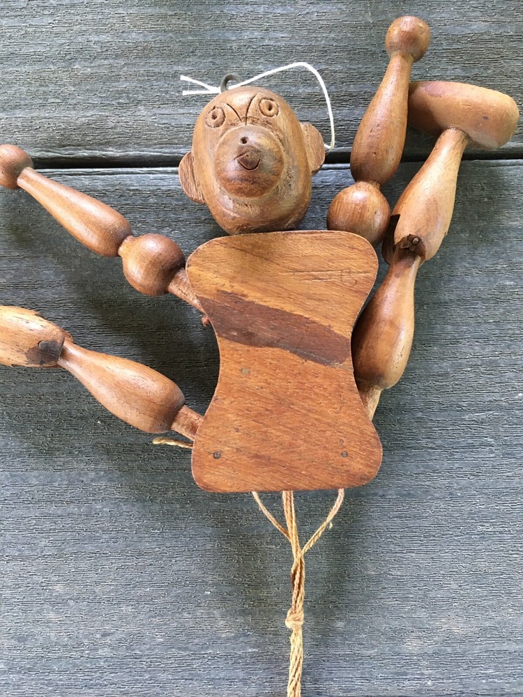 Vintage Hand Carved From India Wood Boy Monkey Bear String Pull Puppet Toy