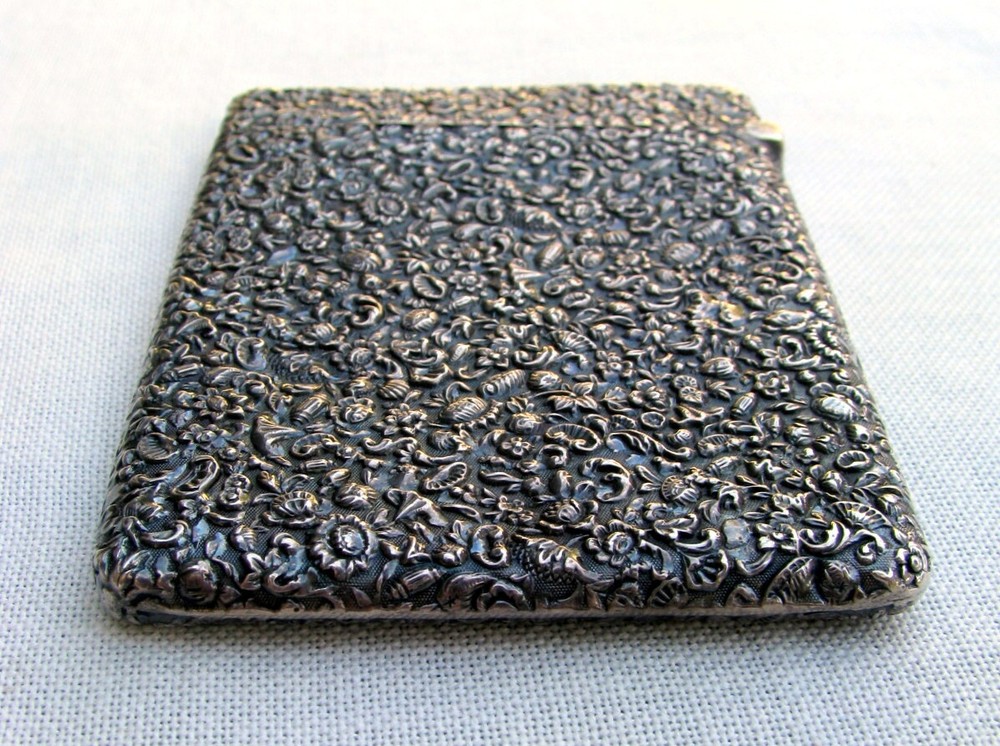 MINT ORNATE REPOUSSE 3-D SILVER OBJECT D’ ART GEORGE UNITE 1882 CALLINGCARD+CASE