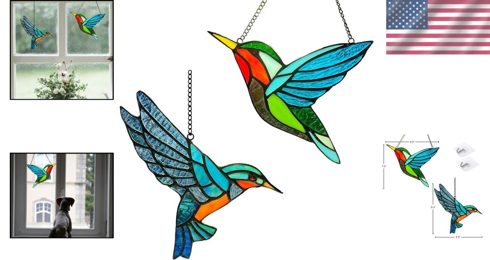 Two-Pack Handcrafted Stained Glass Hummingbird Window Decor