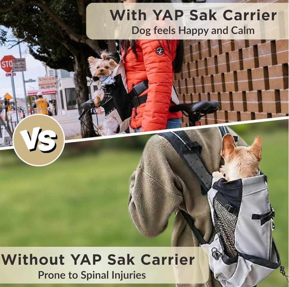 YAP SAK Medium Long Backpack Supportive Dog Pet Carrier Tan Black