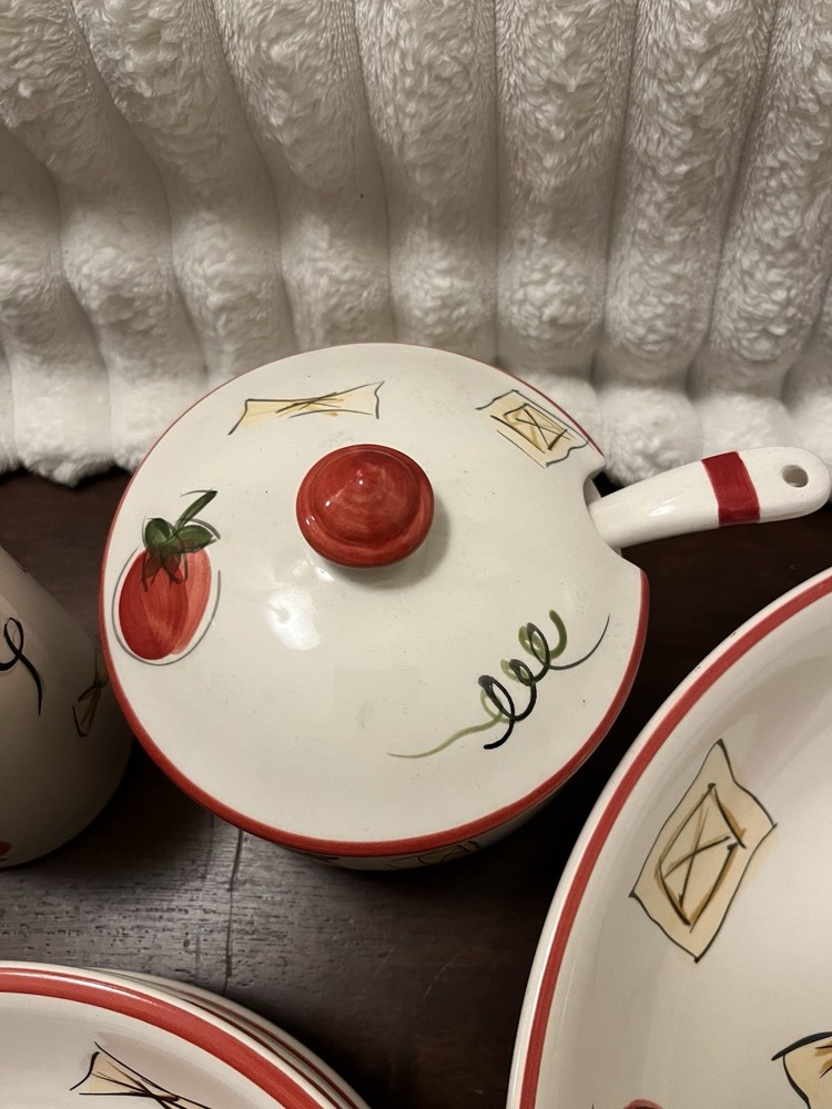 Everything Kitchen Ceramic Pasta Dinner Set Tomato & Pasta Pattern Bowls Plates