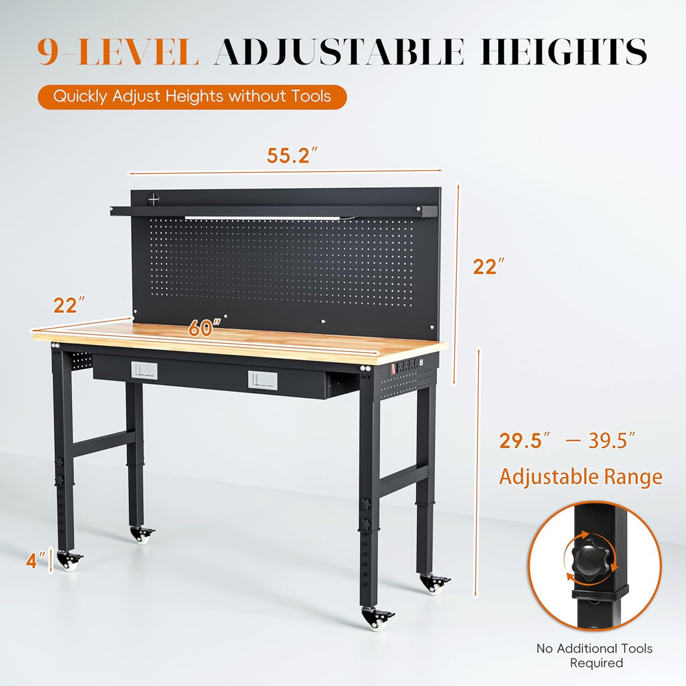 Betterhood 60" Heavy Duty Adjustable Workbench with Large Pegboard & LED Light,