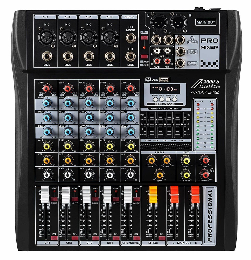 Audio2000s AMX7342 6-Ch.Audio Mixer w/USB Computer Interface, Bluetooth- MR