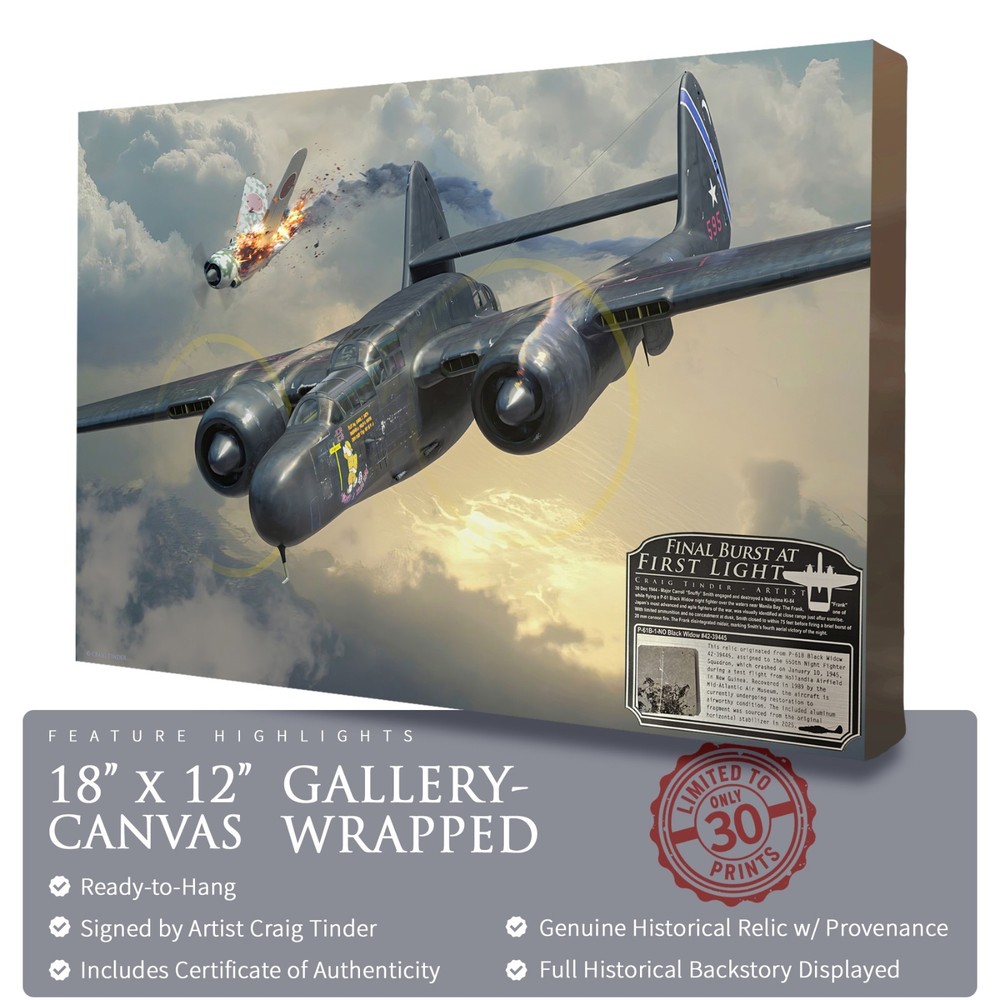 P-61 Black Widow - Final Burst At First Light - 18"x12" | INCLUDES: P-61B Relic