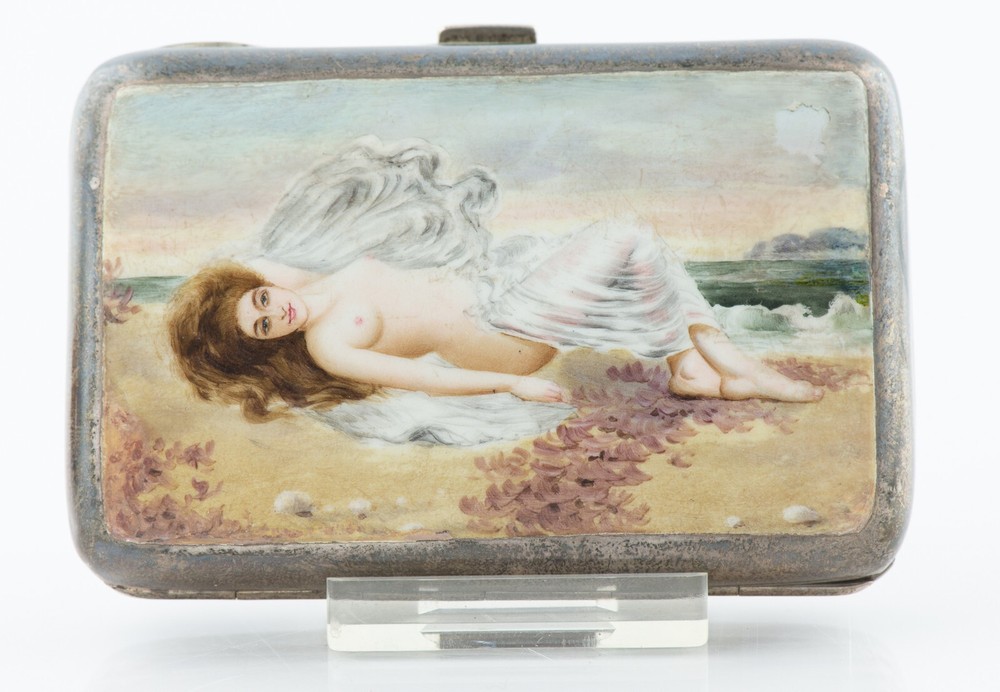 Sterling Enamel Cigarette Case w Hallmarks Nude Woman Erotica ca 1900