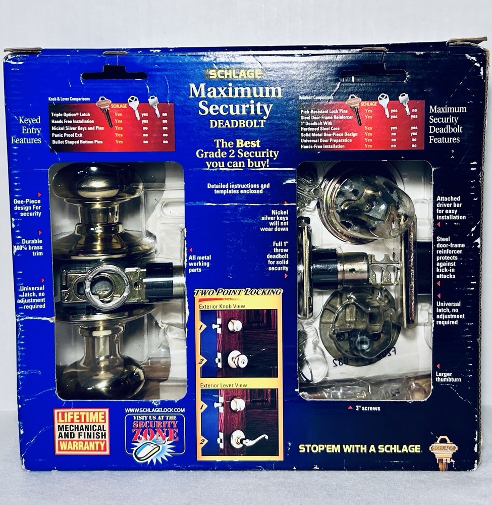 Schlage Maximum Security Deadbolt(ANSI Grade 2), Two Point Locking, Bright Brass